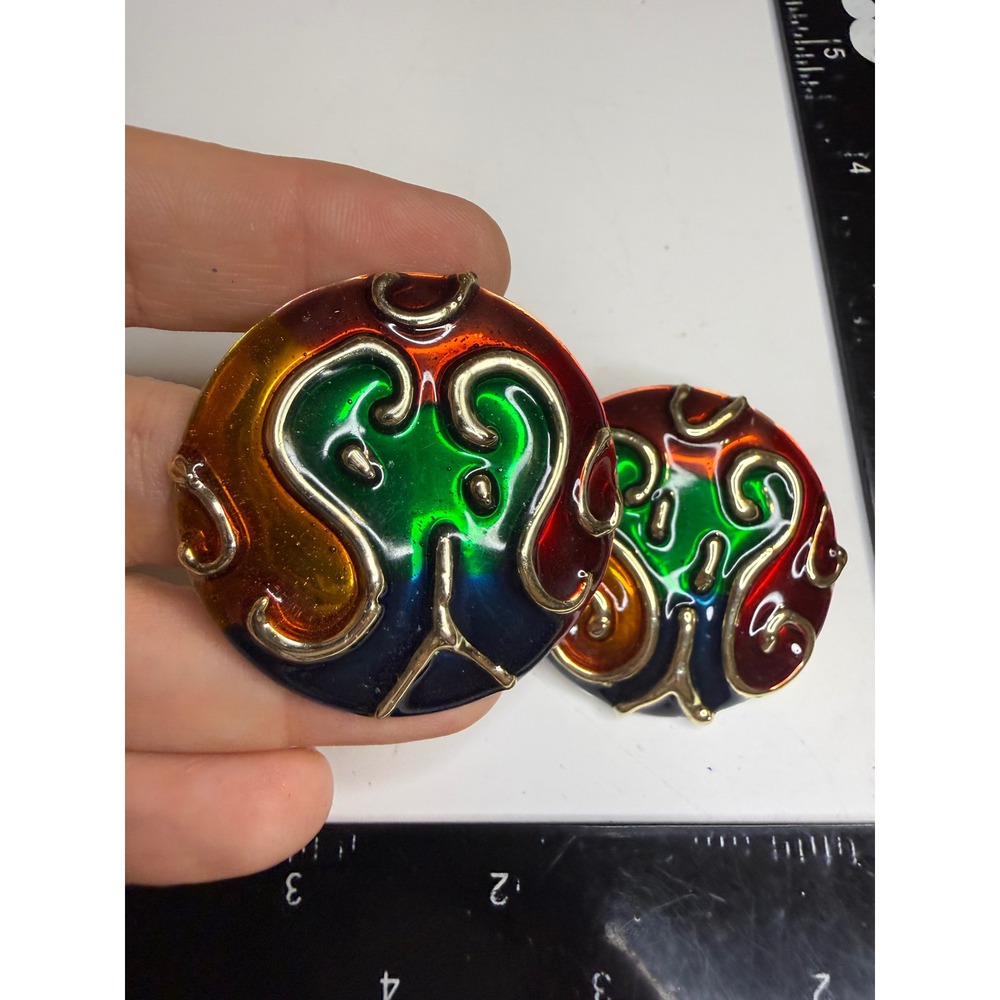 Vintage Oversized Enamel Stained Glass Gold Tone Abstract Round Stud Earrings